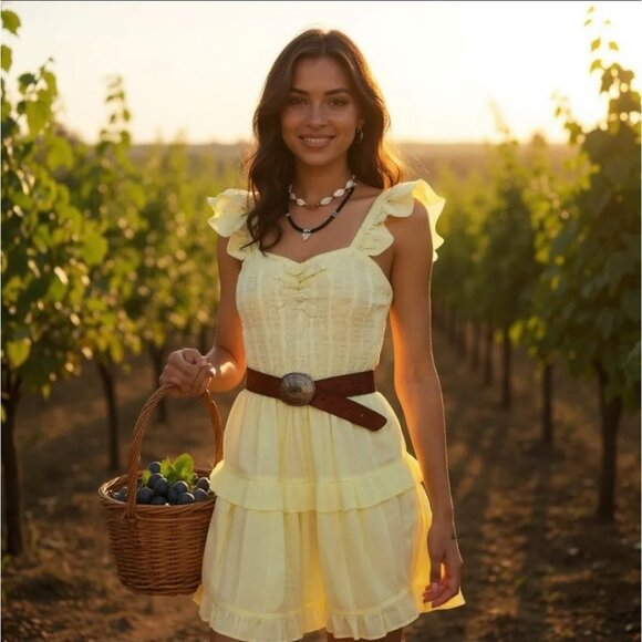 Mabel Lemon Ruffle Mini Dress w/ Tiered Skirt & Square Neckline – Desert Bloom M - Picture 6 of 6